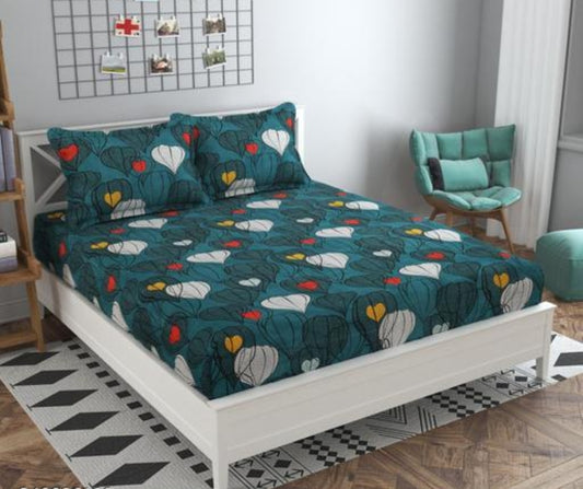 Super Soft Glace Cotton All Round Elastic Fitted Double Bed Bedsheet with 2 Pillow Covers-72x78x8