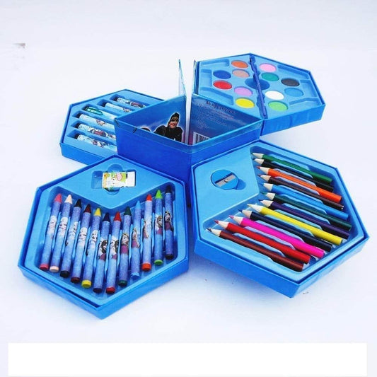 46 piece art set including colored pencils, crayons, and watercolor paints in a hexagonal case