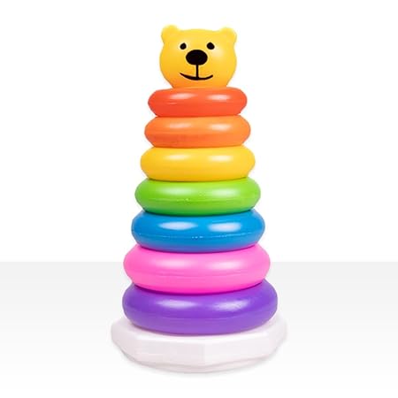 Colorful educational stacking rings toy with a yellow bear head topper on white base