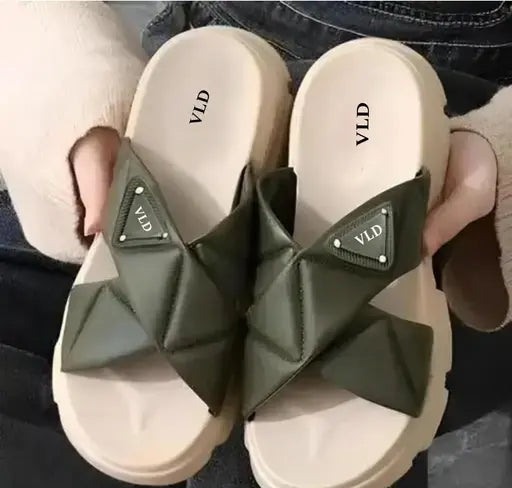 Stylish olive green fashionable women flipflops with cross strap design for casual wear