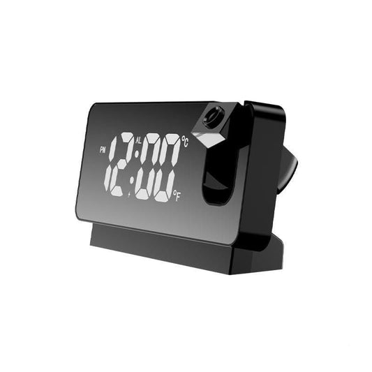 Sleek black projector alarm clock with temperature display for modern bedside use