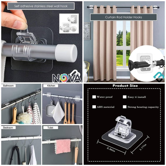 Clear self-adhesive curtain rod hook for easy installation in kitchens and bathrooms