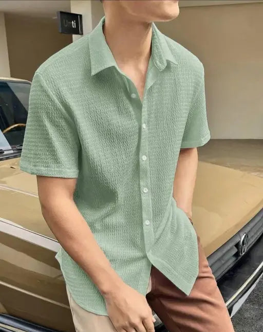 Light green summer casual shirts for men with short sleeves and button-up design by KN Enterprises