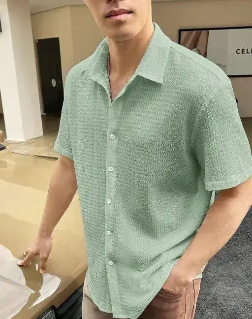 Light green summer casual shirts for men by KN Enterprises with short sleeves and button-up front