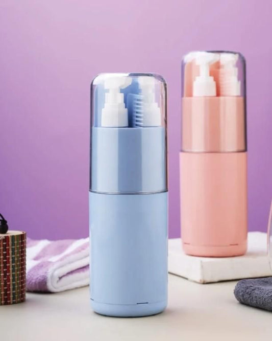 6 in 1 travel kit set with compact design, featuring dispensers for shampoo, conditioner, and more