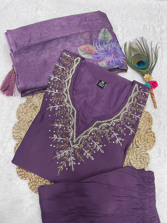 Purple kurti set for women with intricate golden embroidery and matching dupatta from KN Enterprises